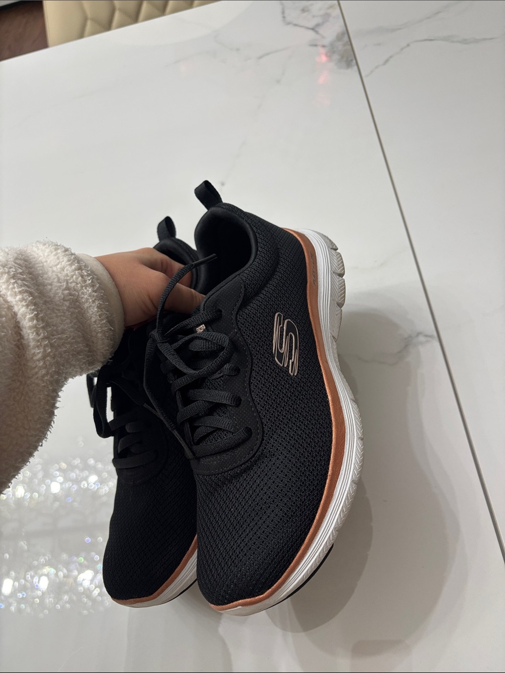 Skechers Size 6 Women’s Black Athletic Sneakers with Copper Accent